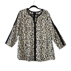 Catherines Leopard Blouse 0X (14/16) Black Lightweight Keyhole Slit Sleeve Satin